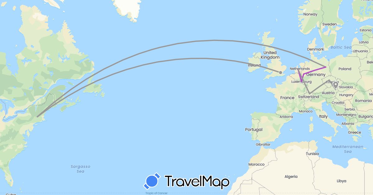 TravelMap itinerary: driving, plane, train in Austria, Switzerland, Czech Republic, Germany, United Kingdom, Luxembourg, Netherlands, United States (Europe, North America)